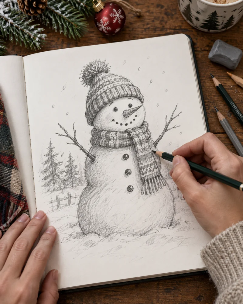Colored pencil sketch of a snowman with a knitted hat and scarf in a sketchbook