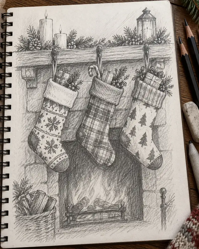 Pencil sketch of Christmas stockings with different patterns hanging from a mantel