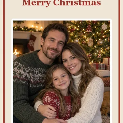 Merry Christmas card layout with a family photo in front of a decorated tree