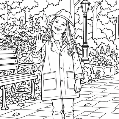Coloring page line art made from a photo of a girl in a rain jacket in a park
