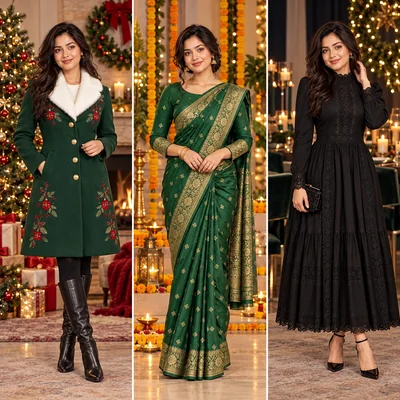 AI clothes changer showing one woman in a green Christmas coat, a festive saree and a black dress