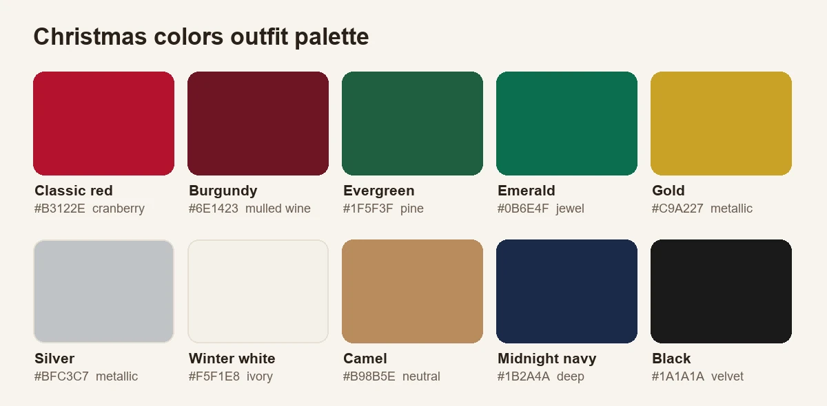 Christmas colors outfit palette: classic red, burgundy, evergreen, emerald, gold, silver, winter white, camel, midnight navy and black