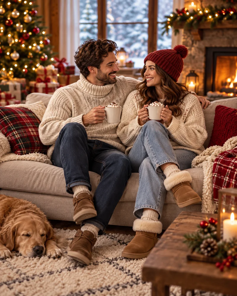 Couple in cream chunky knits and a red beanie drinking cocoa on a cozy sofa by a window
