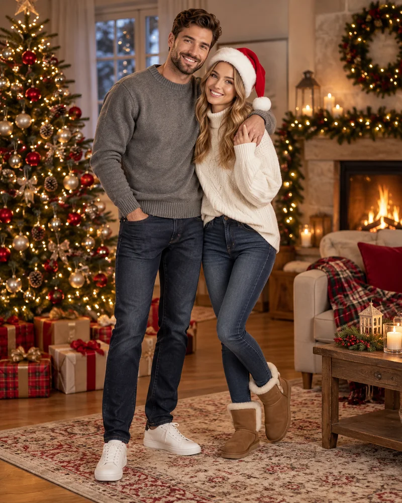 Couple in a gray sweater and a white knit sweater with a Santa hat, smiling by a Christmas tree
