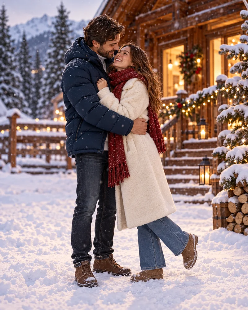 Couple in a navy puffer coat and a cream coat with a red scarf hugging outside a snowy cabin