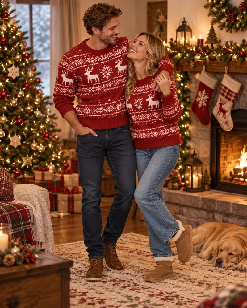 Couple laughing in matching red reindeer Christmas sweaters by a fireplace and tree