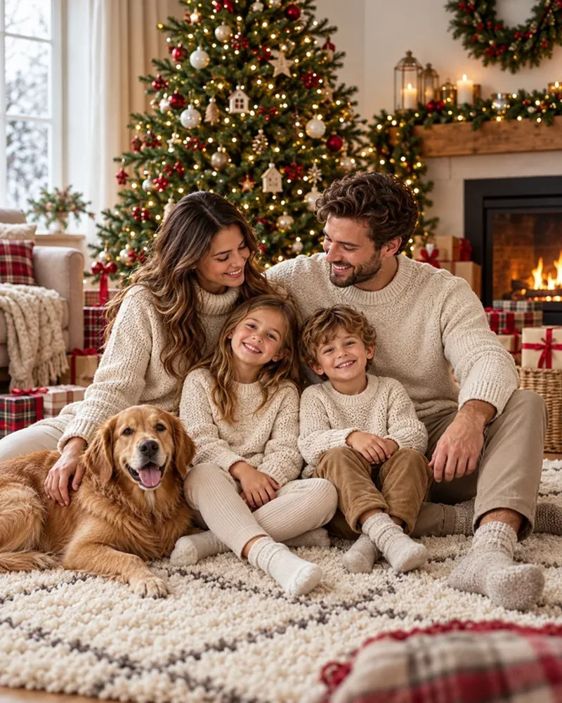 Family in cream and oatmeal sweaters sitting on a rug by the Christmas tree and fireplace