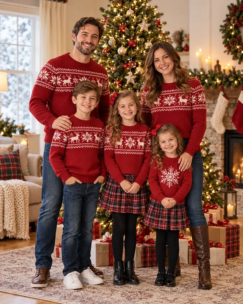 Family of five in matching red Christmas sweaters and plaid skirts standing by a decorated tree