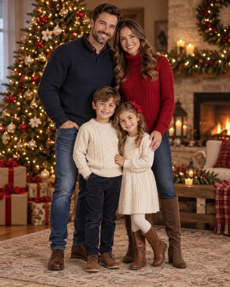 Family in red, navy and cream knit sweaters smiling in front of Christmas lights