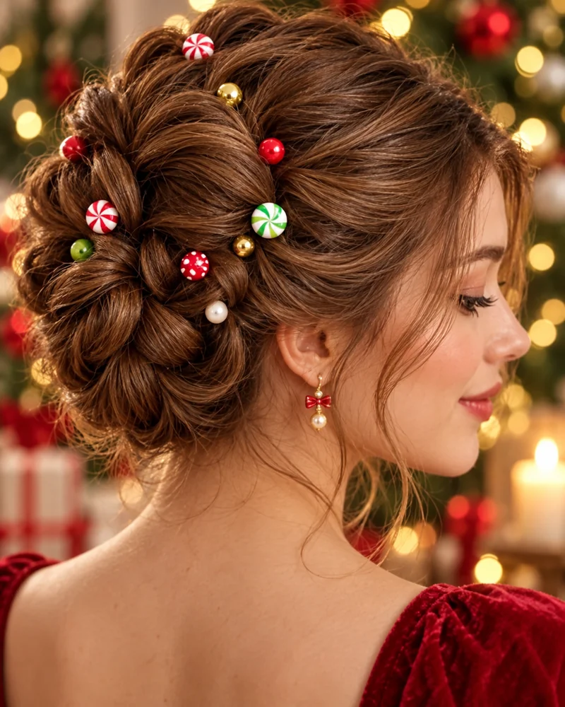 Big braided bun decorated with small candy and ornament clips, a creative Christmas hairstyle