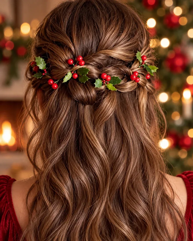 Half-up crown braid decorated with holly leaves and red berries on long hair