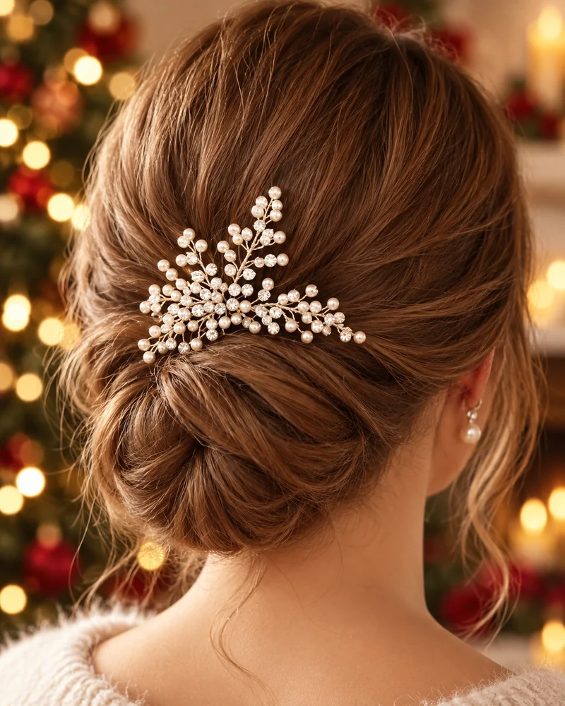 Elegant low chignon with a pearl and crystal hair pin, a Christmas dinner hairstyle