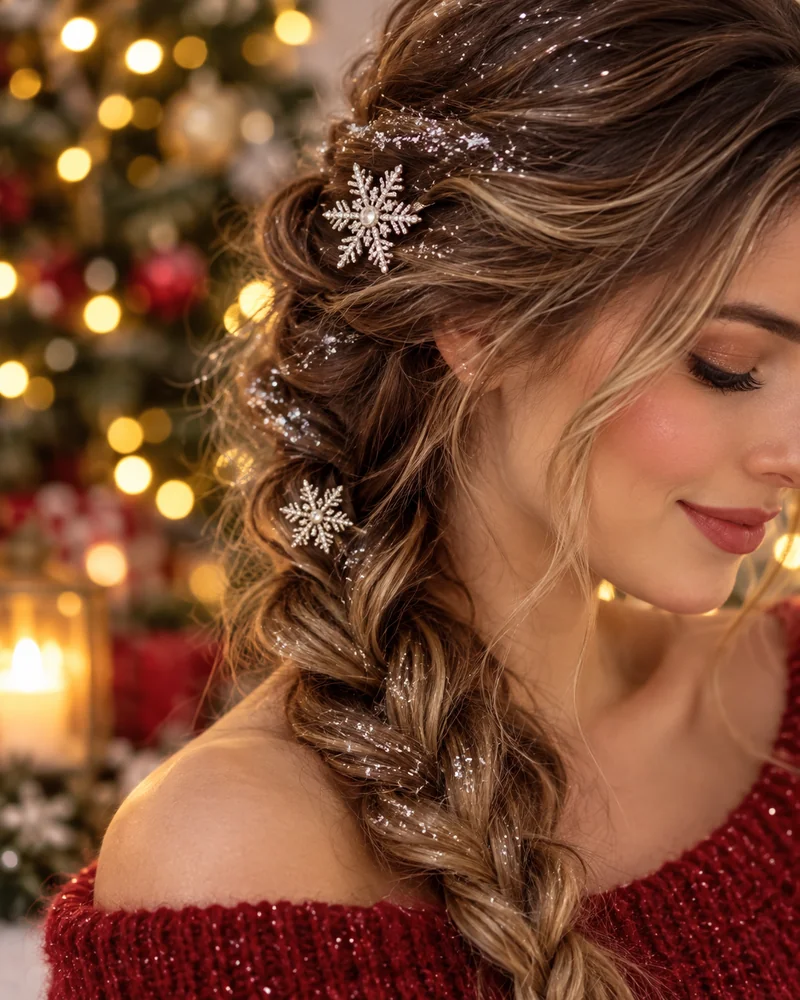 Loose side braid decorated with small snowflake pins and glitter, a cute Christmas hairstyle