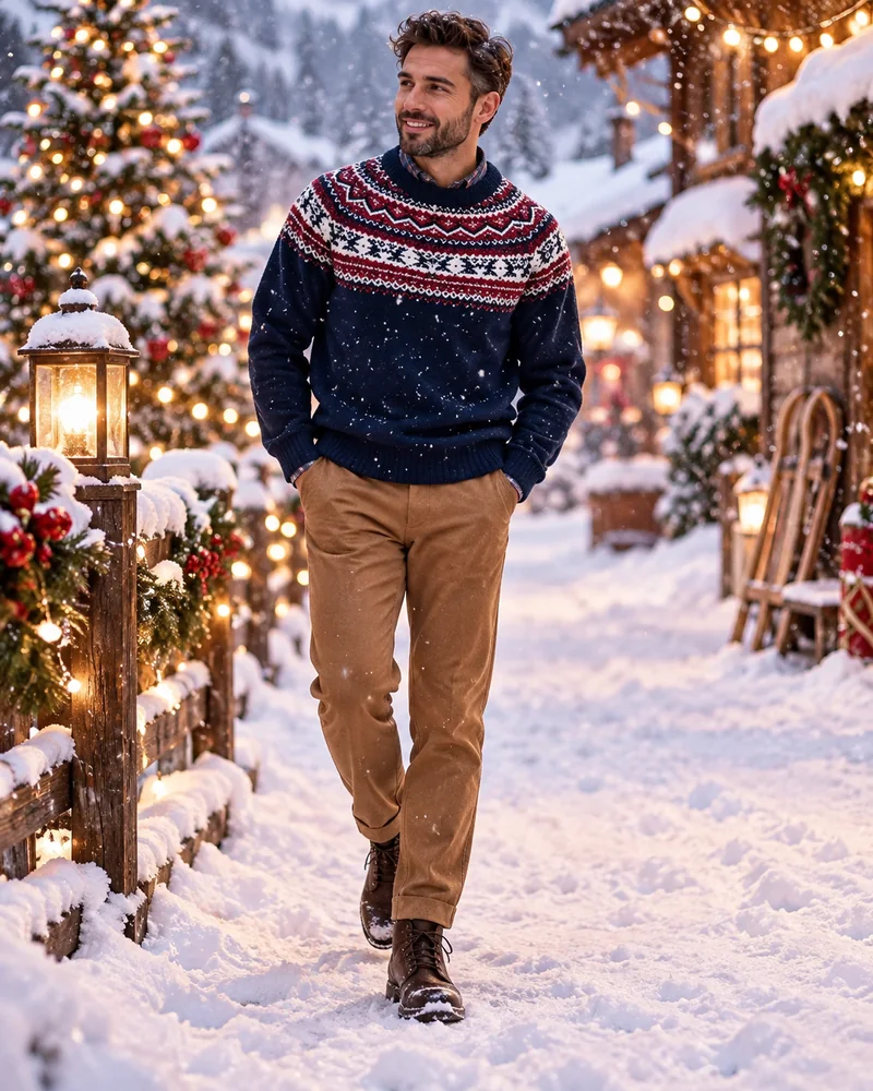 Man in a navy and red patterned sweater with camel trousers walking in the snow