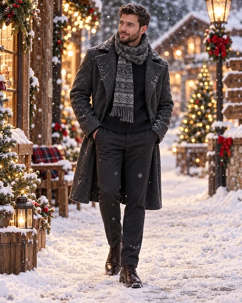 Man in a charcoal wool overcoat with a gray patterned scarf in the snow
