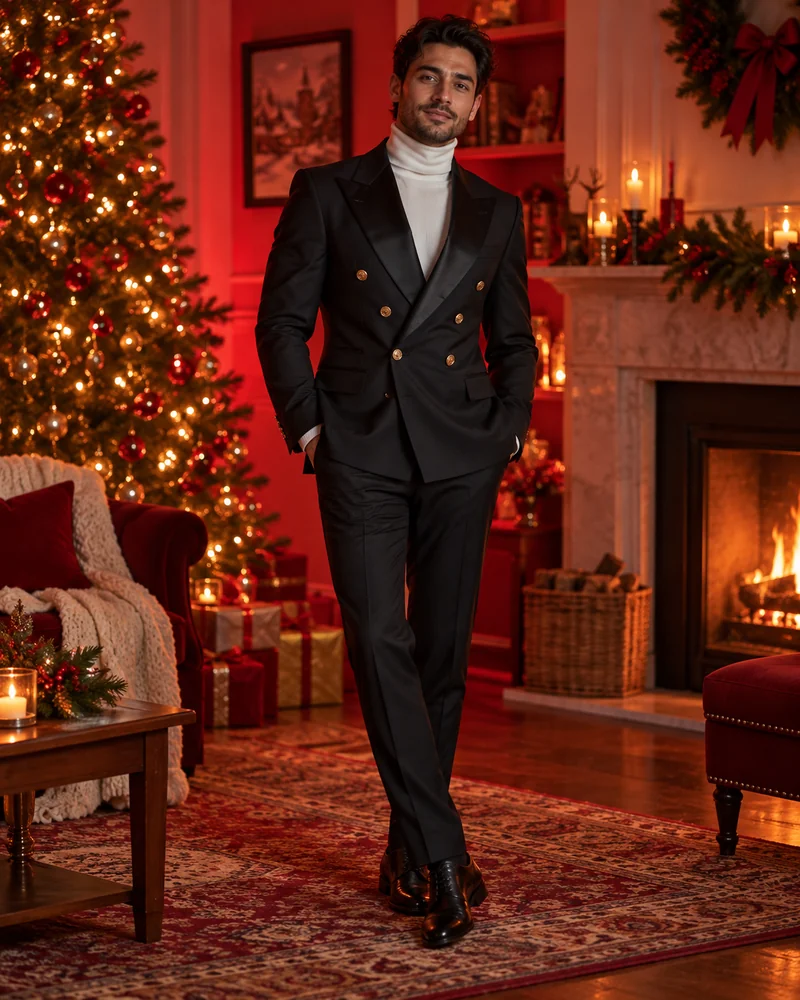 Man in a black double-breasted jacket with satin lapels and a white turtleneck by a Christmas tree
