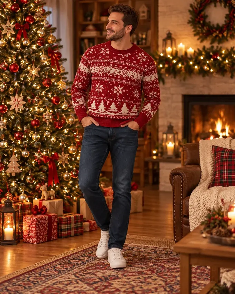 Man in a red Fair Isle Christmas sweater with a snowflake and tree pattern next to a lit Christmas tree