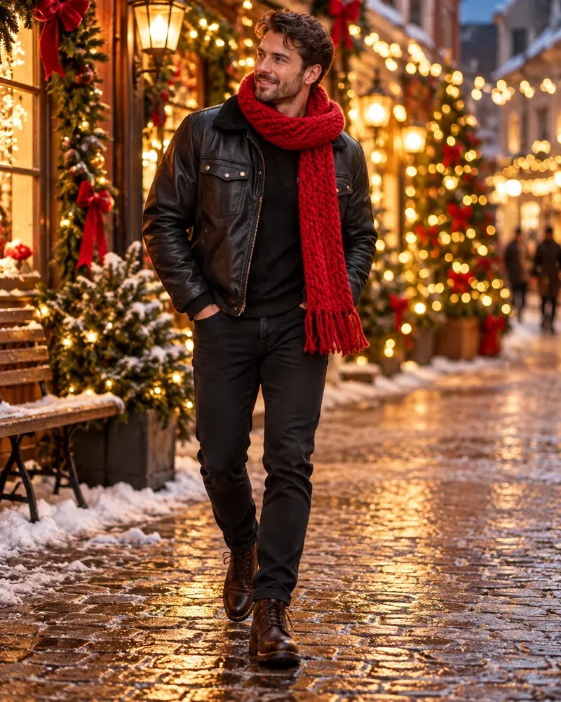 Man in a black leather jacket with a chunky red knit scarf on a lit-up street