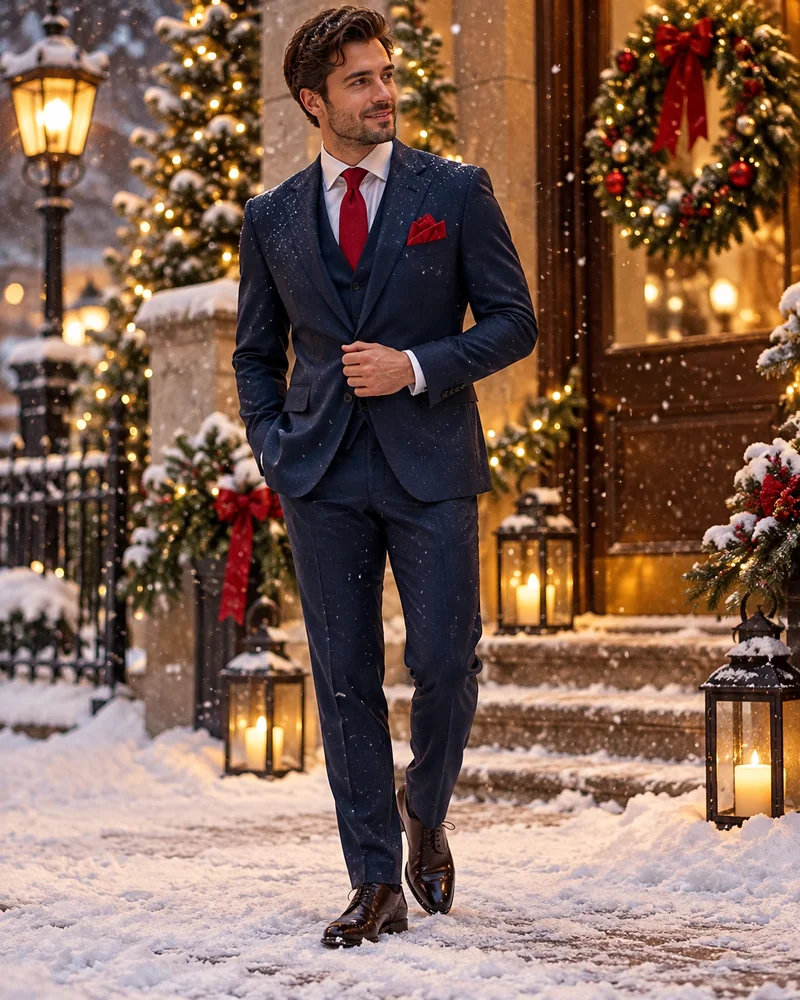 Man in a navy suit with a red tie and red pocket square in falling snow