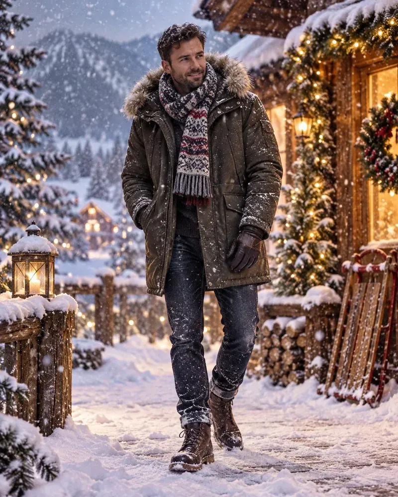 Man in a parka with a fur-trimmed hood, a wool scarf and leather gloves in a snowstorm
