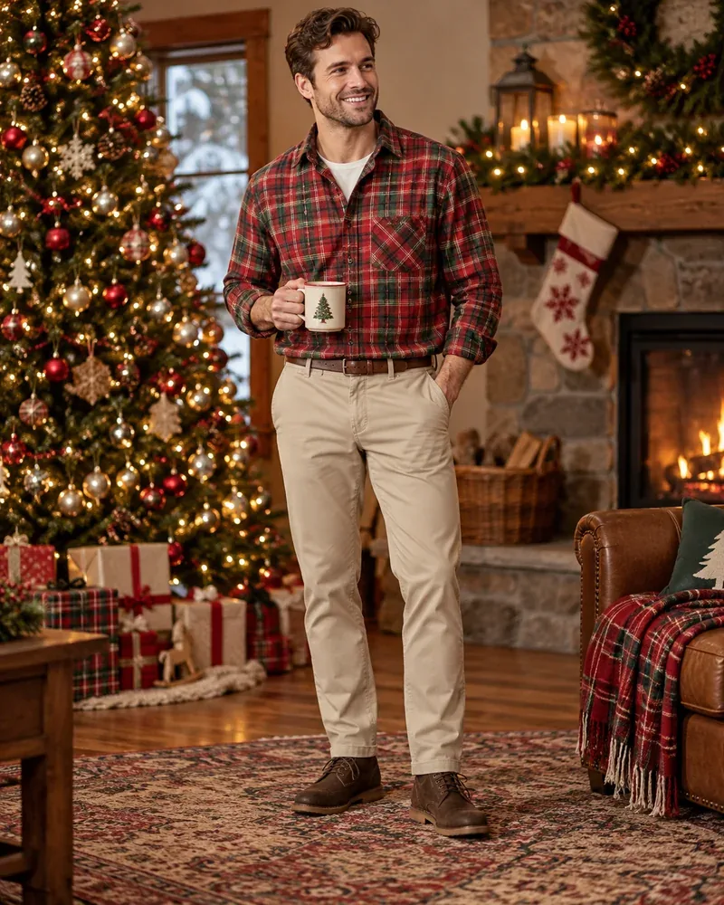 Man in a red and green holiday plaid shirt with beige chinos next to a Christmas tree