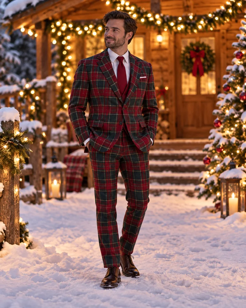 Man in a red and green plaid suit with a red tie outside a cabin decorated with Christmas lights