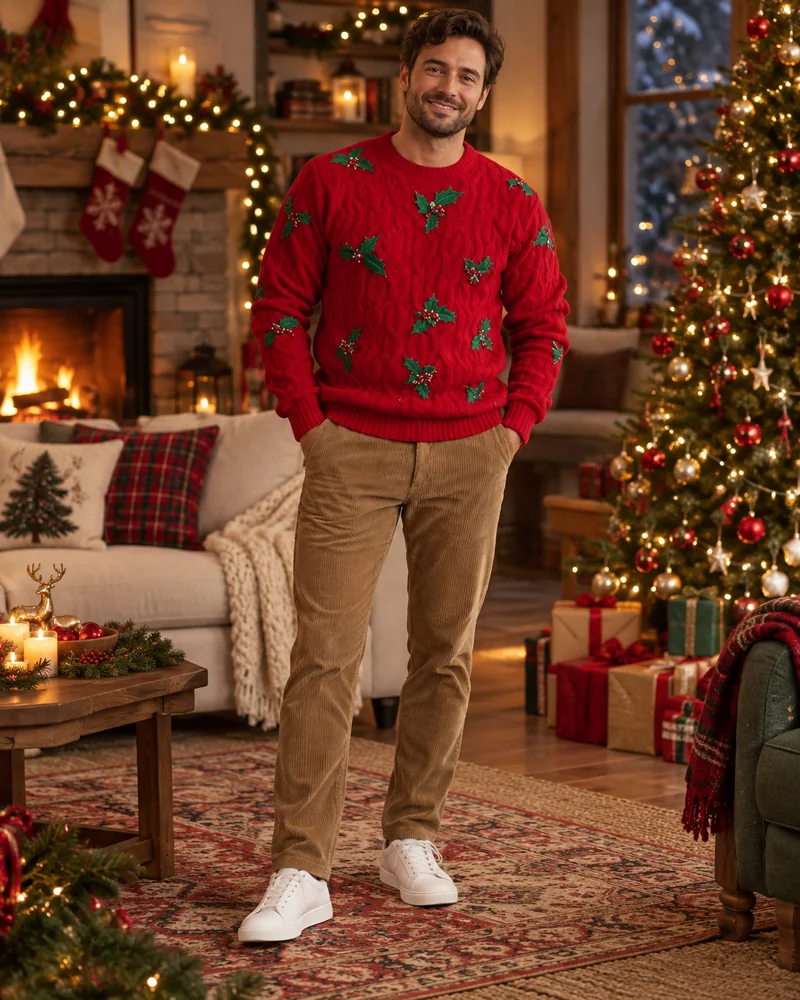 Man in a red novelty Christmas sweater with holly appliqués in a decorated living room
