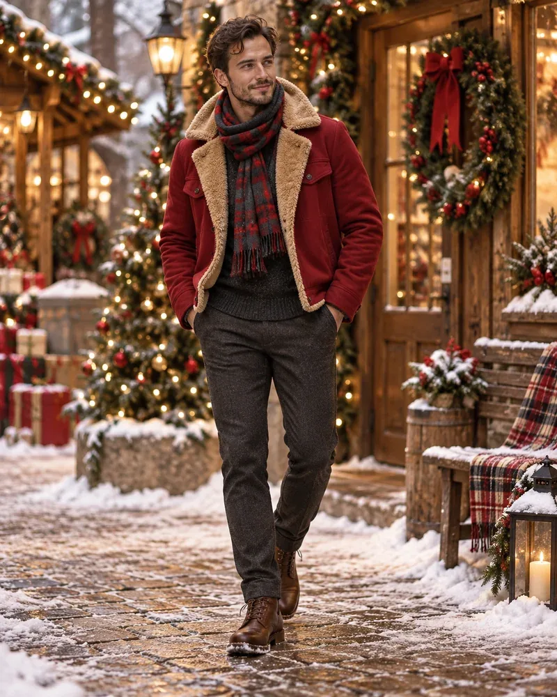 Man in a red jacket with a shearling collar and a tartan scarf on a festive street