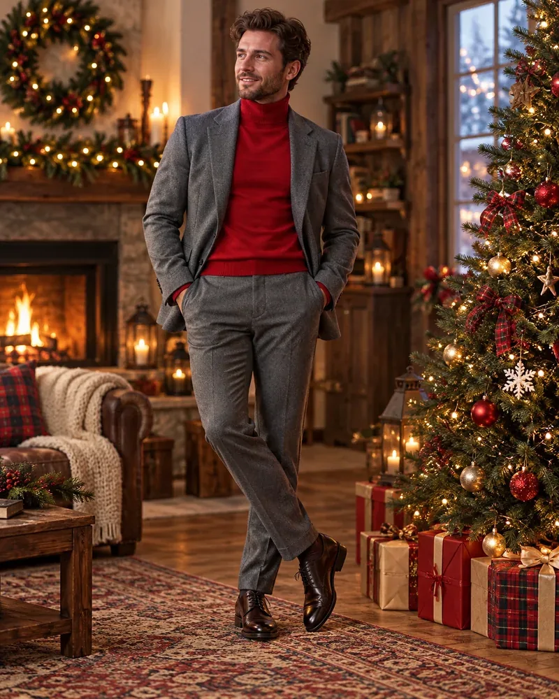 Man in a red turtleneck under a gray blazer next to a Christmas tree