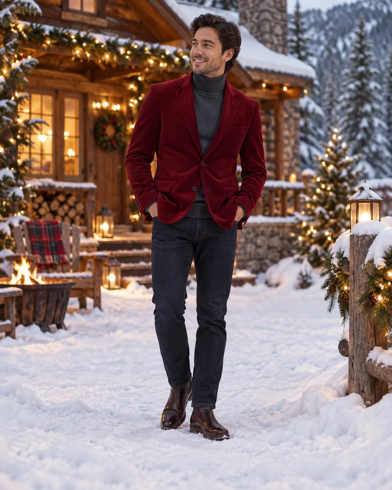 Man in a burgundy velvet blazer over a gray turtleneck with dark jeans outside a snowy cabin