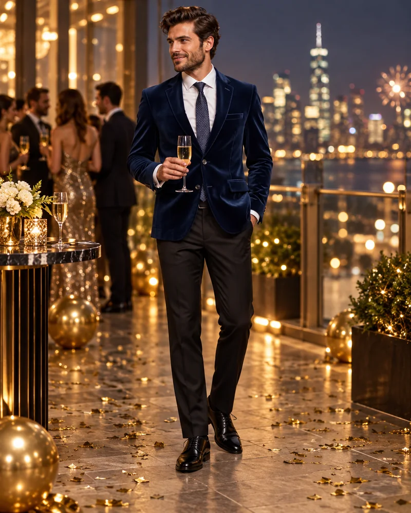 Man in a navy velvet blazer with a white shirt, tie and black trousers for New Year’s Eve