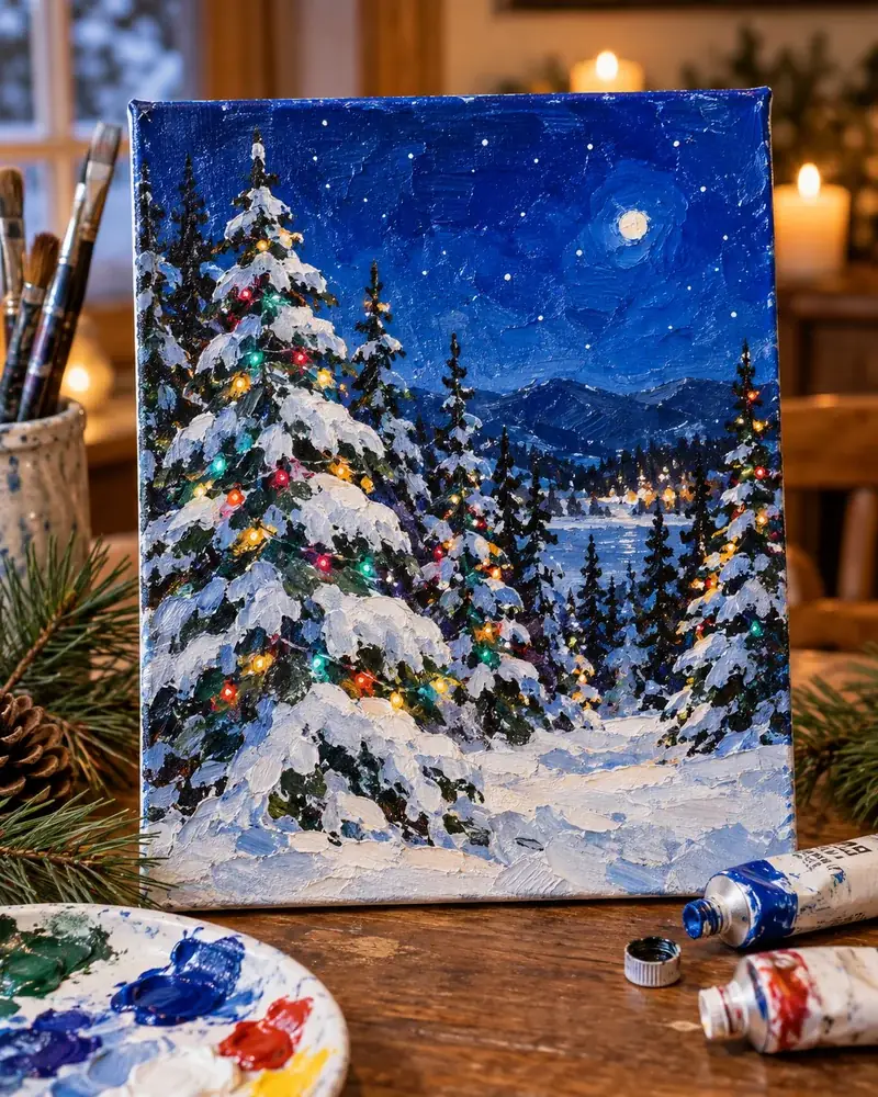 Acrylic Christmas painting on canvas of snowy pine trees with colorful lights against a blue sky