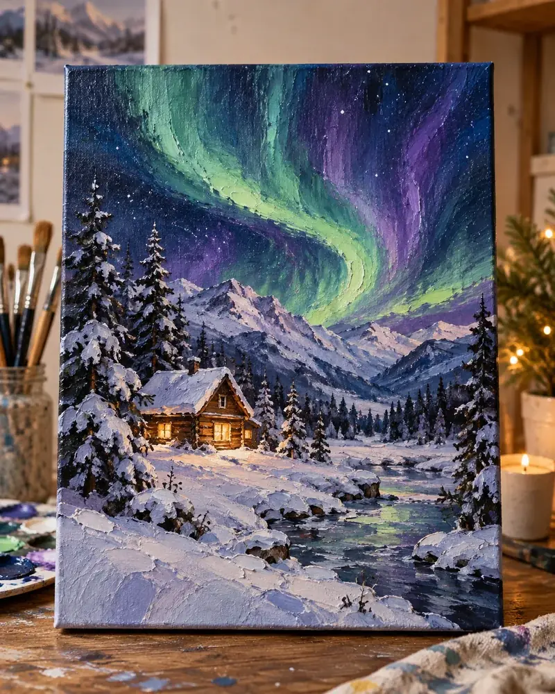 Christmas painting of green and purple northern lights over a lit cabin in a snowy valley