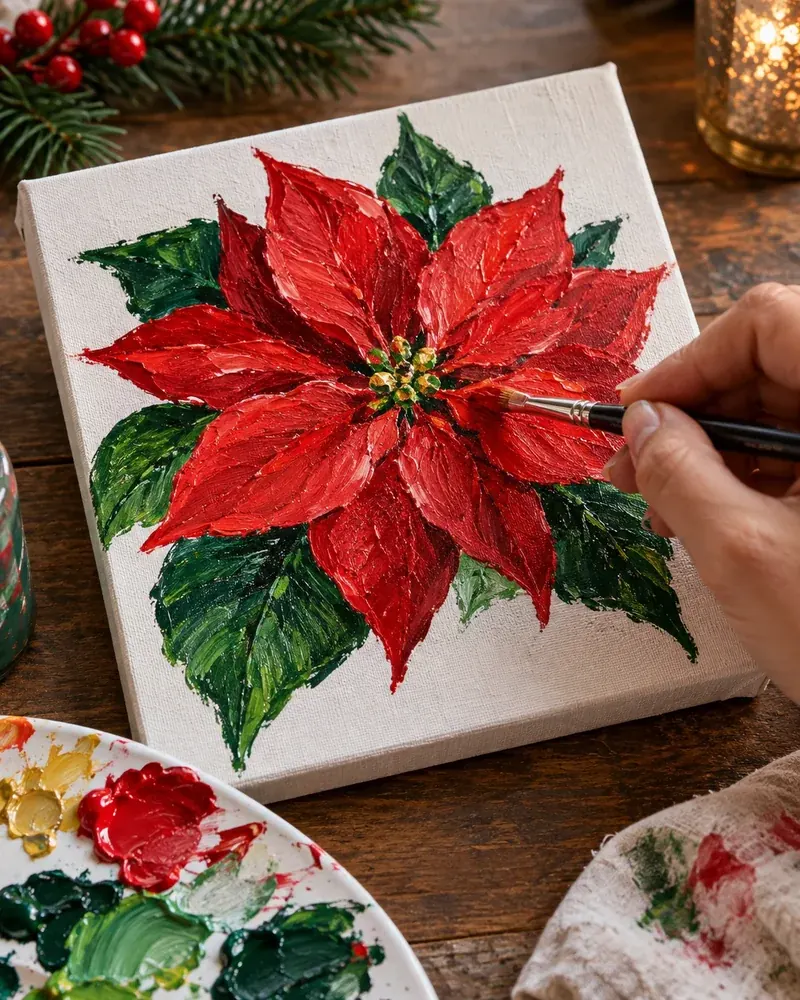 Red poinsettia flower being painted in acrylic with a fine brush