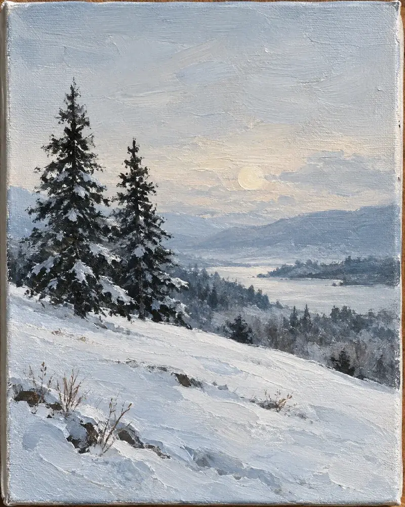 Soft painted snowy landscape with blue-gray trees and a pale sky