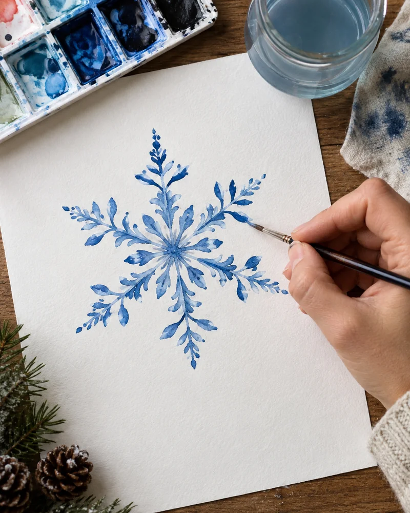 Blue snowflake being painted with a fine brush on white paper
