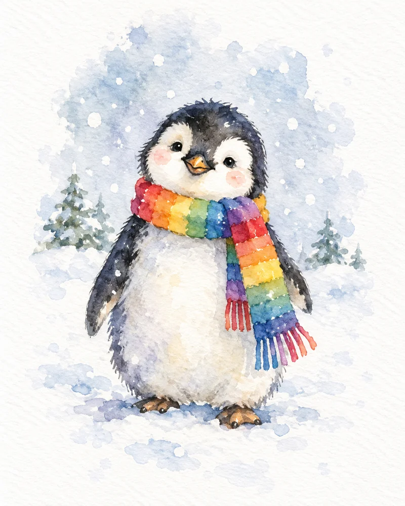 Easy Christmas painting idea: watercolor penguin with a rainbow scarf in falling snow