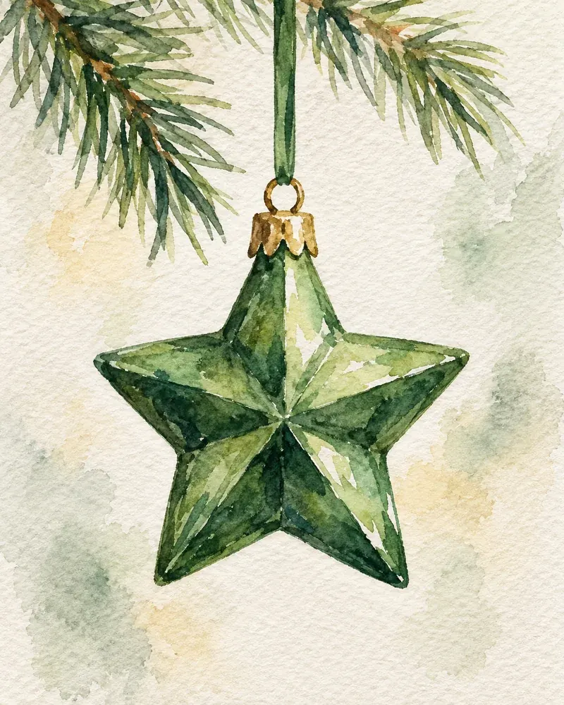 Green watercolor star Christmas ornament with layered washes and a gold cap