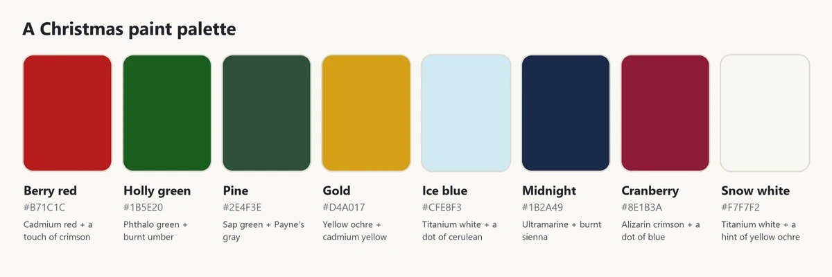 Christmas paint palette with eight swatches: berry red, holly green, pine, gold, ice blue, midnight, cranberry and snow white, with mixing recipes