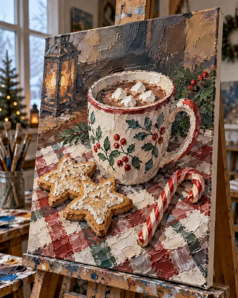 Oil painting of a patterned cocoa mug, star cookies and a candy cane