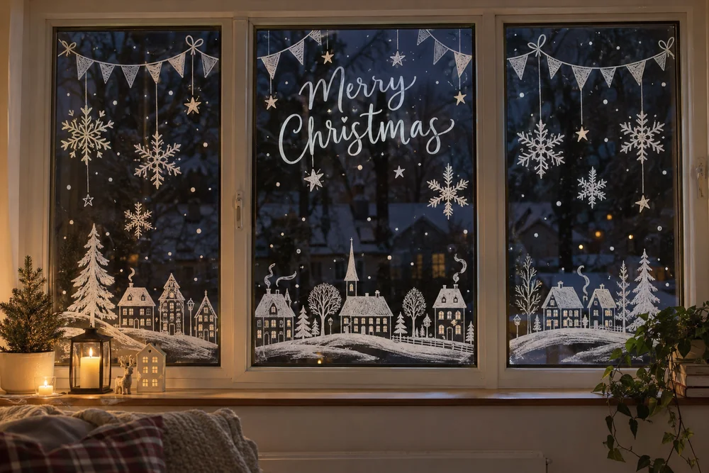 Christmas window painting with white chalk marker snowflakes, a snowy village, bunting and Merry Christmas lettering