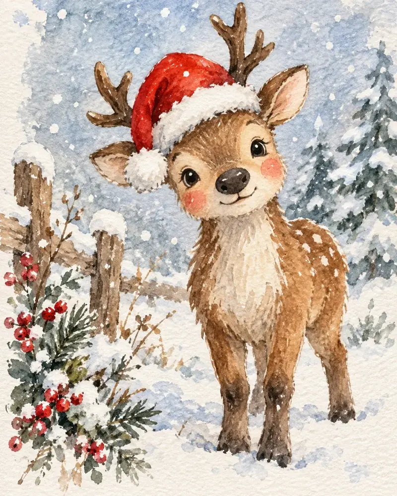 Cute painting of a baby reindeer wearing a Santa hat in falling snow