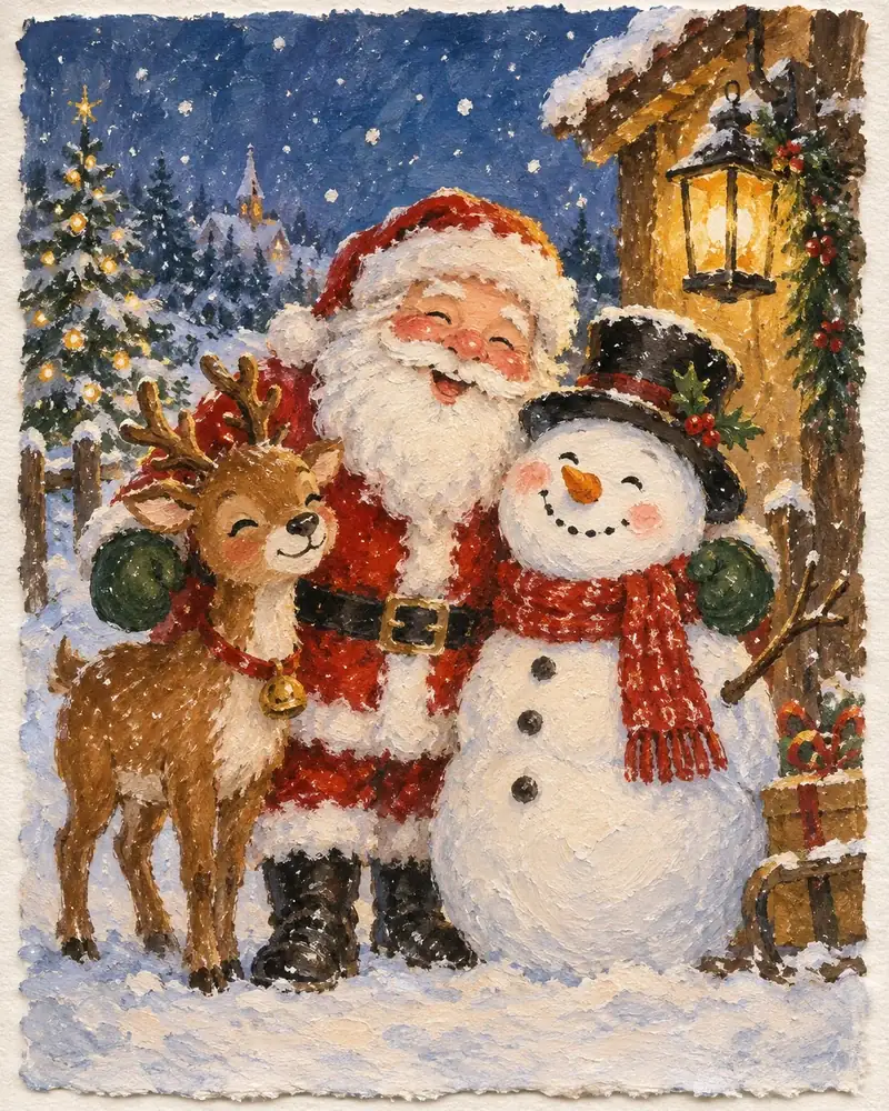 Cute Christmas painting of Santa Claus with reindeer and a snowman in the snow