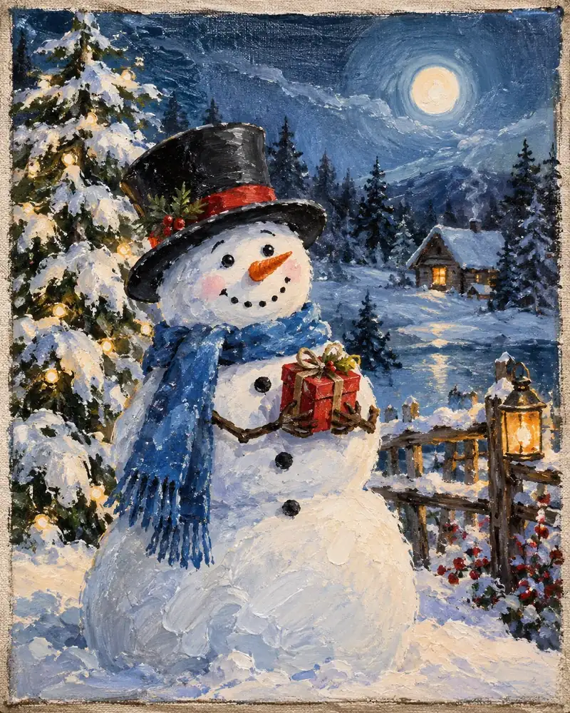 Painting of a smiling snowman in a top hat and blue scarf holding a gift in a snowy forest at night