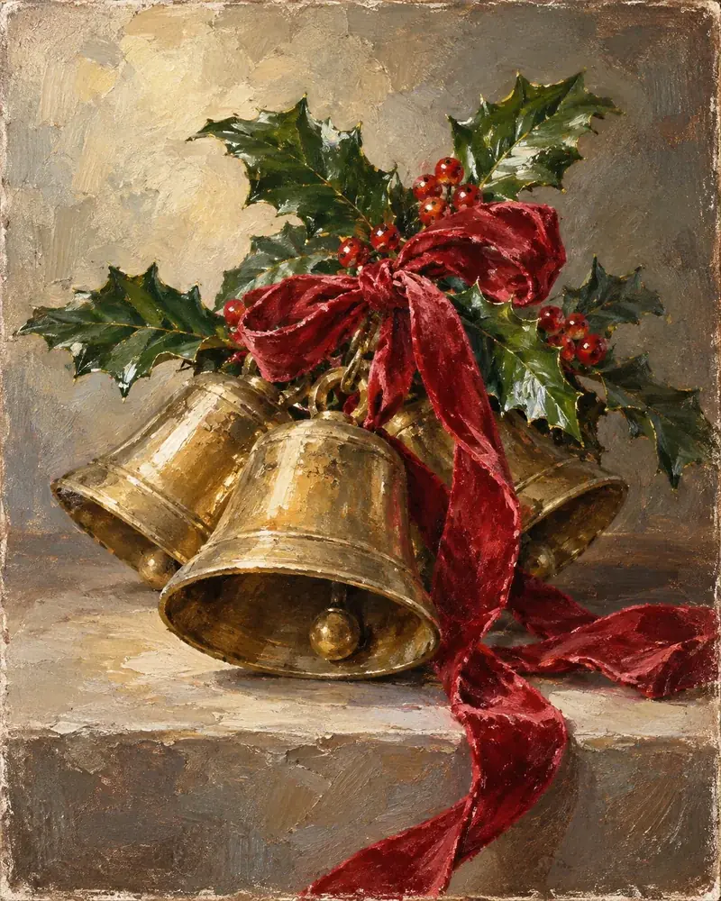 Painting of three gold Christmas bells with red bows and holly leaves