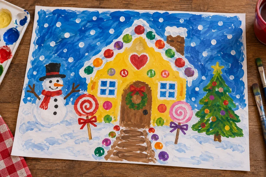 Kids Christmas painting of a yellow gingerbread house with candy decorations against a blue sky