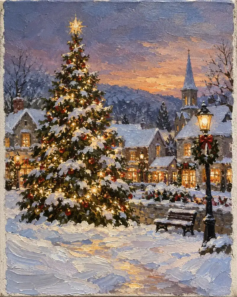 Painting of a snowy Christmas tree full of lights in a village square under a glowing sky