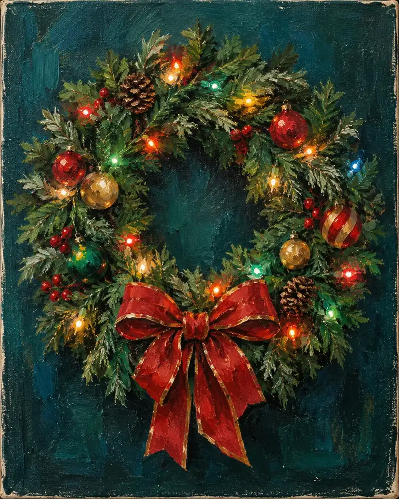 Christmas lights painting idea: a green garland wreath wrapped in glowing colored bulbs and baubles