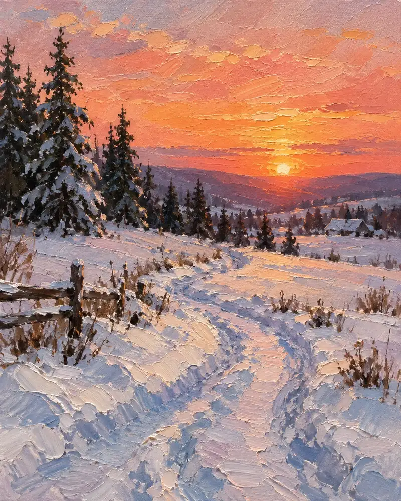 Painterly winter landscape with pink and orange sunset light over snowy fields and a lane