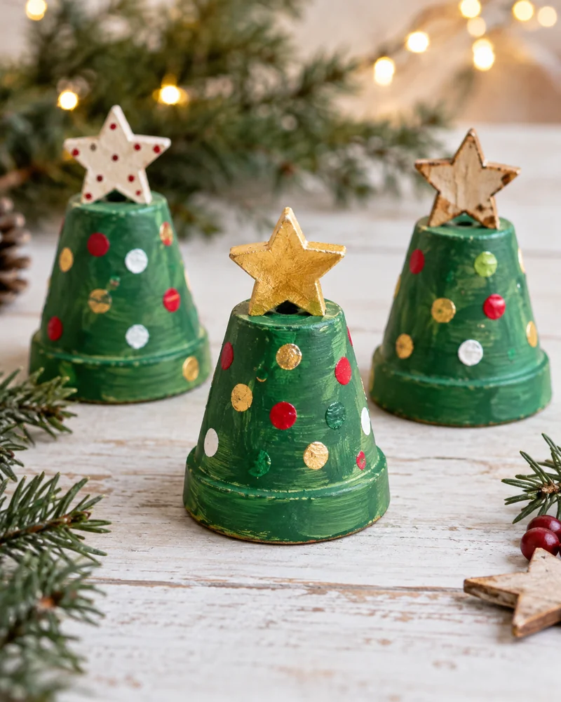 Small clay pots painted green with colorful dots and topped with stars to look like Christmas trees